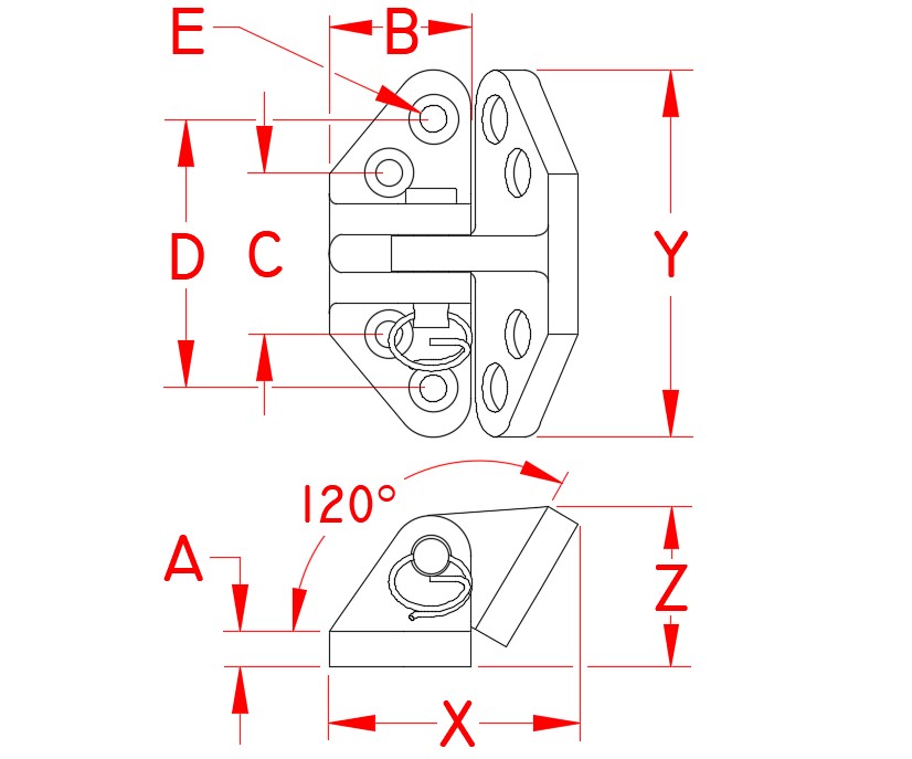 Stainless Steel Heavy Duty Hatch Hinge - Angle Base, S3824-1075, Line Drawing